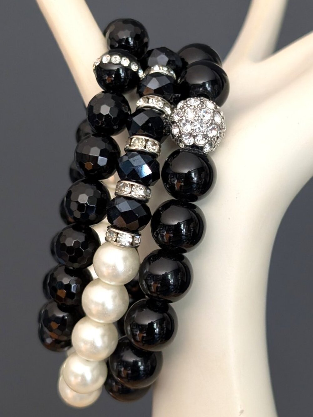 Bundle of 3 black, faux pearl & sparkle beaded glass layering stretch bracelets